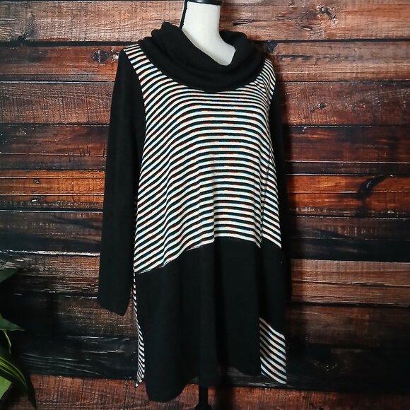 Ali Miles Tunic Sweater 1X Cowl Neck Black Rainbow Striped - Picture 4 of 10